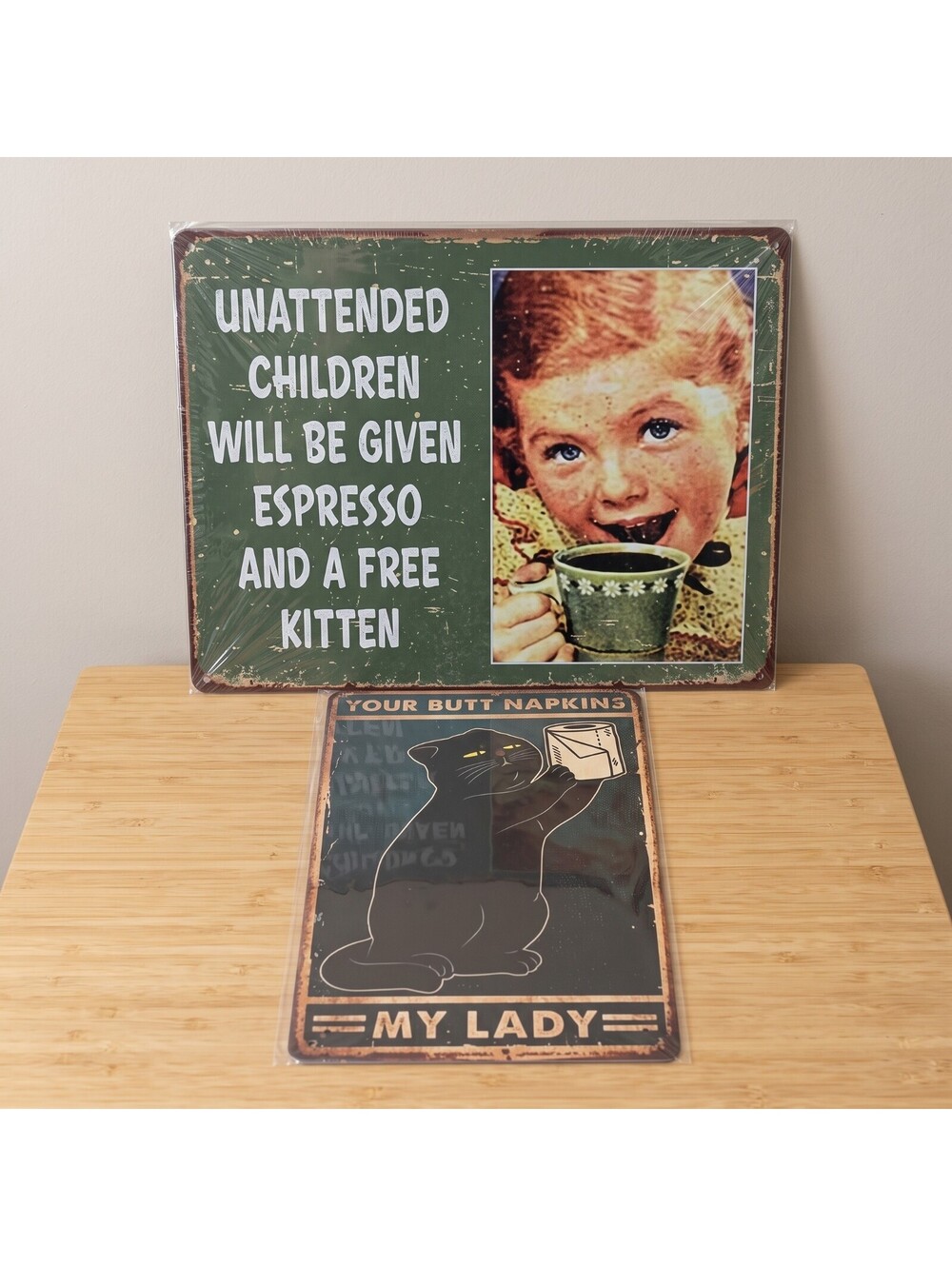8"x12" Metal Tin Signs Lot of 2 / Butt Napkins & Unattended Children / New